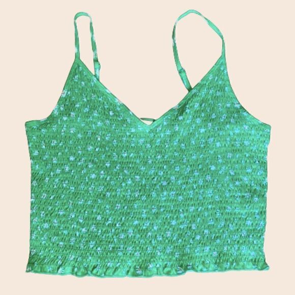 ASOS Kelly Green Floral Smocked Crop Tank Top Size 14 - Picture 1 of 6